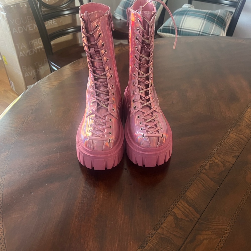 Dolls Kill Pink Iridescent Lace-Up Platform Boots